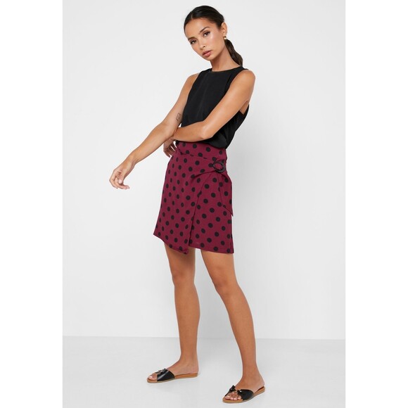 MNG Mango NEW Burgundy Black Polka Dot Faux Wrap Mini Skirt XS - Picture 1 of 11